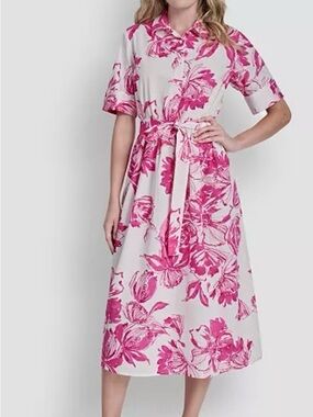 DKNY White Midi Shirt Dress with Hot Pink Floral Print